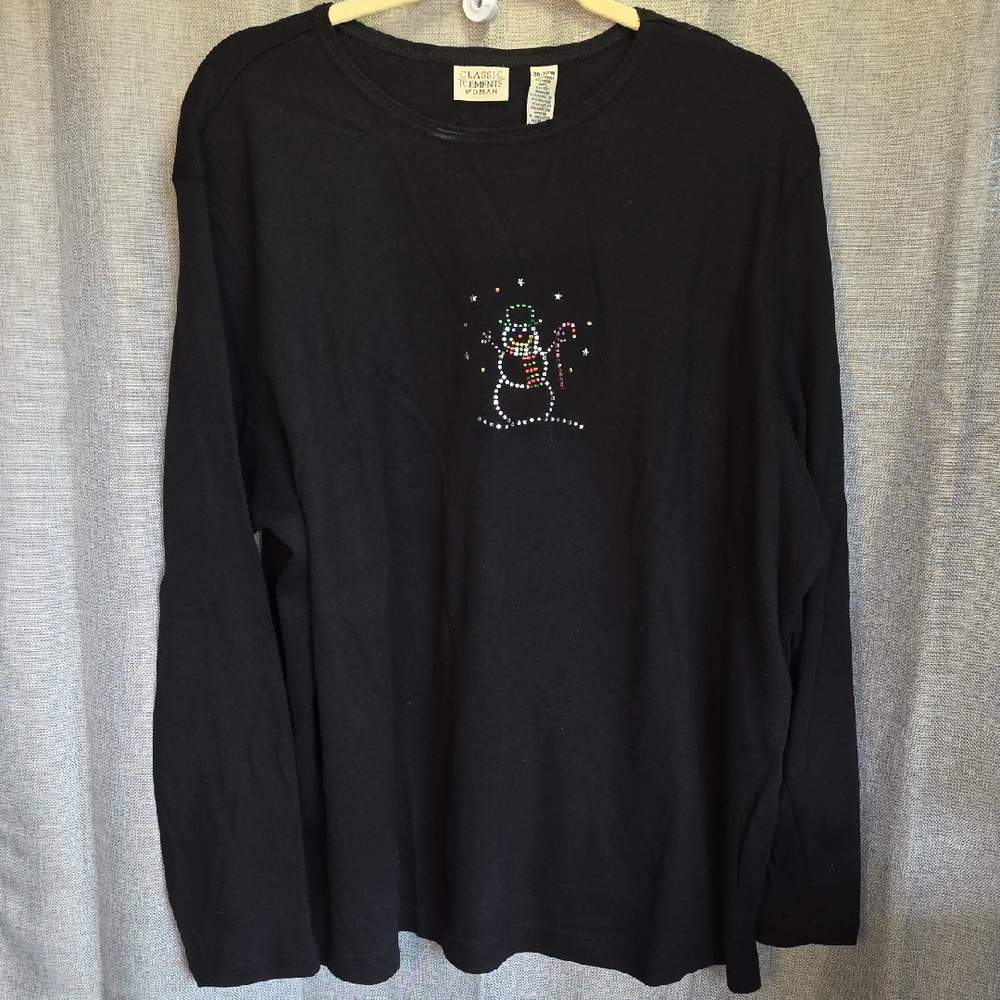 Classic Elements Womens Black Long Sleeve Shirt with Snowman Design Sz 20W 8-P18